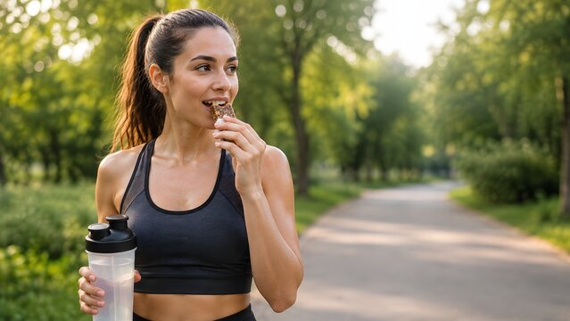 Athletic woman eats a protein bar while holding a shaker bottle outdoors after training in a green park.
