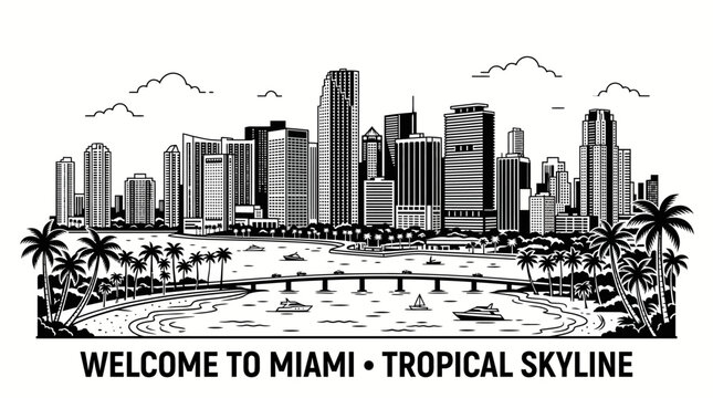 Very beautiful black and white vector of Miami skyline with tall buildings, palm trees and tropical coastal atmosphere, WELCOME TO MIAMI &bull; TROPICAL SKYLINE, white background, no gradients.