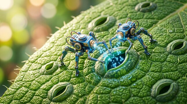 Microscopic Blue Robotic Spiders Using Energy Beams to Repair a Biological Green Leaf Texture in a Sci-Fi Concept