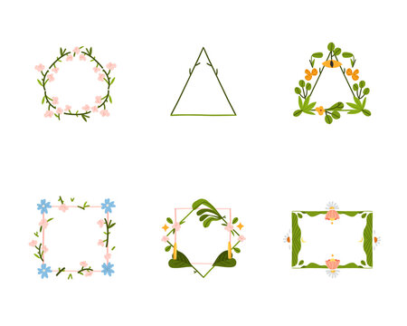 Botanical Floral Frames Vector Set, Hand Drawn Flower Borders with Leaves, Decorative Nature Frames for Wedding Invitations, Cards and Branding