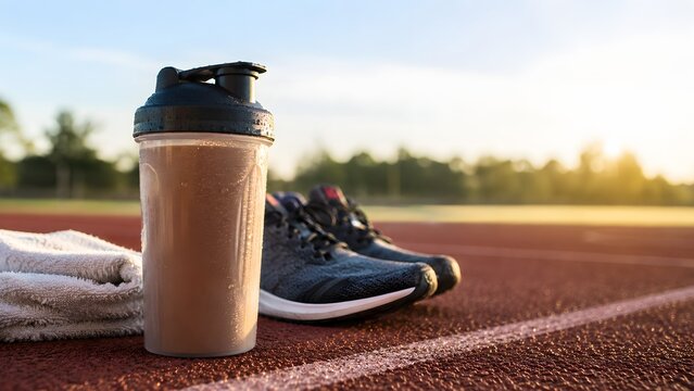 Protein shake sits beside running shoes and a towel on an outdoor athletics track in post workout sports nutrition concept.
