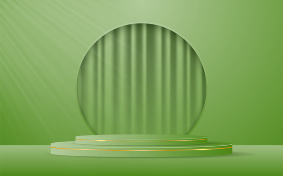 Green podium with beautiful gold lines and green curtains in a circular window for displaying advertisements, Displaying cosmetic products. Stage or podium. Vector illustration