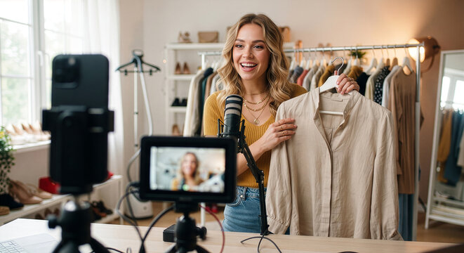 Smiling female influencer recording a fashion and clothing live stream on a smartphone.