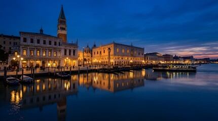 Fototapeta premium Stunning panoramic view of the venice waterfront at twilight with illuminated historic buildings reflected in the calm water