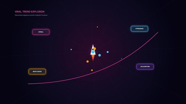 Abstract digital motion rendering of a rocket launching into space along a curved trajectory representing exponential growth and business success data