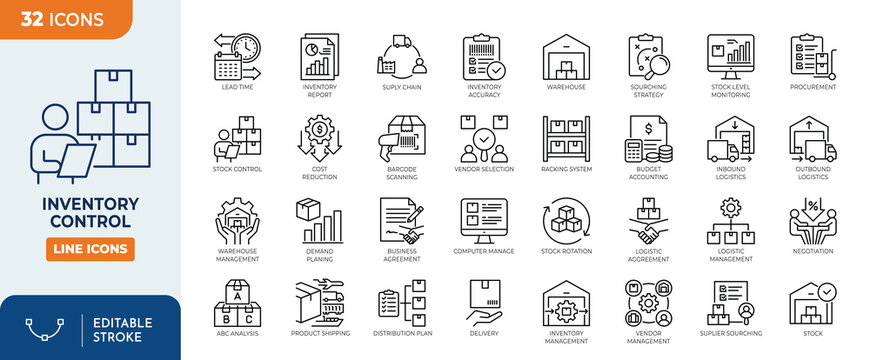 Inventory Control line editable icon set. Containing inventory, control, stock, management, accounting, demand, distribution, export, and more. Vector illustration	
