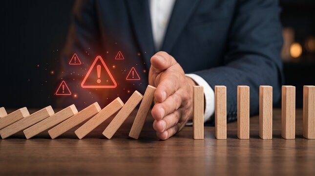 Risk prevention concept with hand stopping falling dominoes to protect business continuity and limit cascading failure