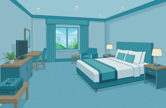 Modern Hotel Bedroom Interior Cartoon Vector Illustration