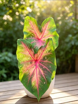 Caladium plant with pink veins in white pot with sunlight bokeh background