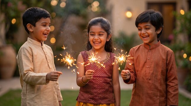 Children lighting Diwali sparklers, Three Indian children holding sparklers and smiling during festival outdoors  