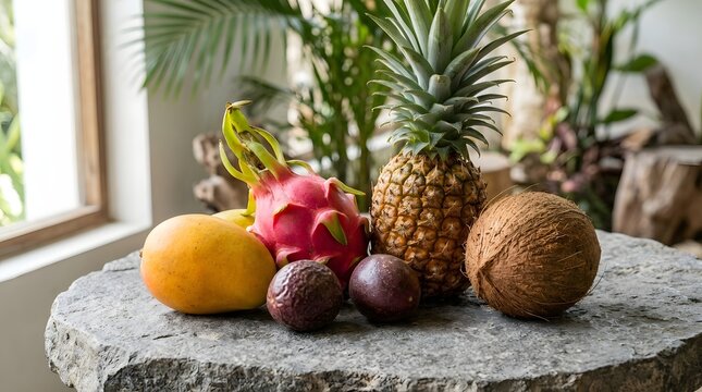 Vibrant Tropical Fruit Assortment on a Natural Stone Table