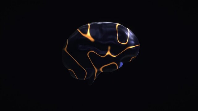 Organic neural brain pulses with glowing gold electrical impulses on black in a sleek 3D animation ideal for meditative music loops and dark techno visuals