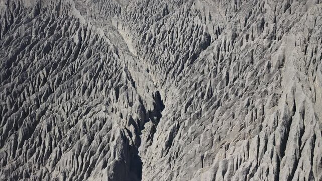 Close-up Aerial View of Dushanzi Grand Canyon Mudstone Texture in Xinjiang: Geological Strata, Erosion Gullies, Mudstone Formations along Duku Highway