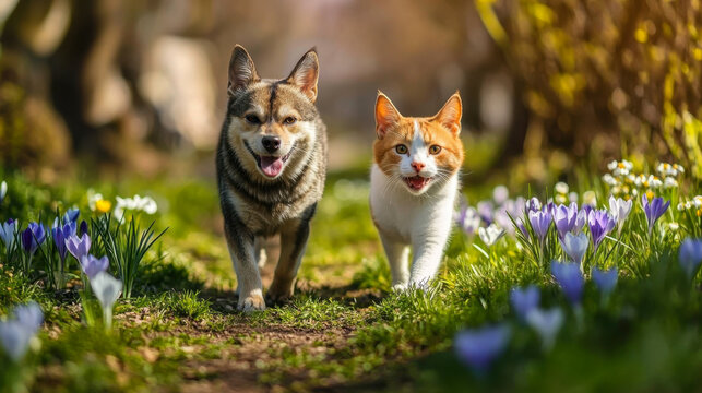 fluffy friends cat and corgi dog walk along the green grass