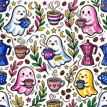 Cute ghost coffee lover with coffee cups seamless pattern illustration