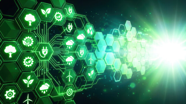 Abstract hexagonal grid pattern featuring glowing green renewable energy and eco-technology icons transitioning into light.