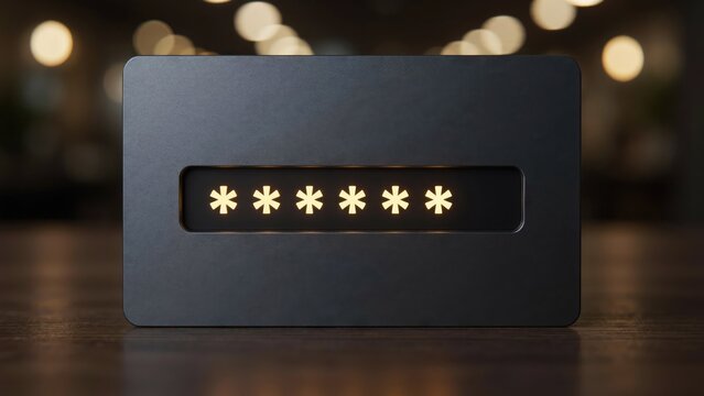 Dark gray rectangular device displaying six glowing asterisk password symbols
