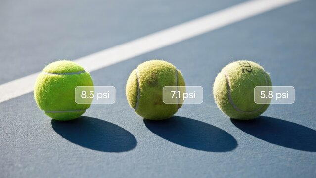 Three tennis balls on a blue court with pressure labels 8.5, 7.1, and 5.8 psi