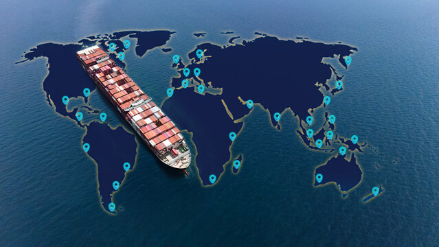 Aerial top view containers ship cargo business commercial logistic and transportation international import export by container freight cargo ship in the open seaport show ocean network on map