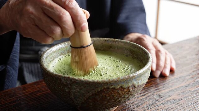 Japanese tea master whisking matcha green tea