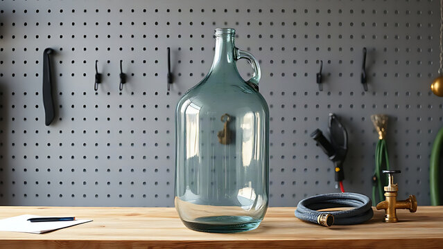 Heavy glass demijohn on workbench with hose and spigot, home brewing concept.