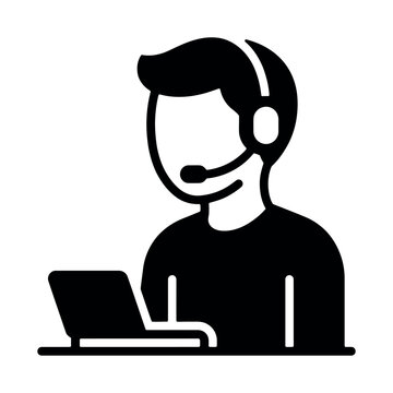 Customer support representative icon with headset and laptop black silhouette