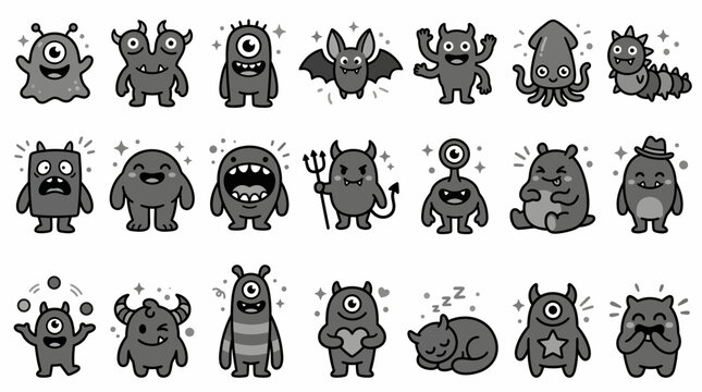 Cute monster icons and alien character set showcasing diverse expressions, funny fantasy creatures and unique mascot designs, concept for sticker design and creative game assets
