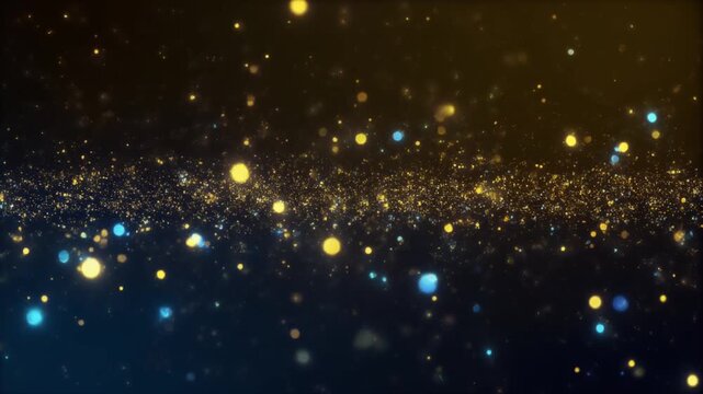 Soft glowing gold and blue dust particles floating slowly in the dark, magical and dreamy atmosphere, smooth camera movement.