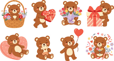 Fototapeta premium Cute Valentine Teddy Bear Vector Illustration Set Featuring Romantic Love Themes Hearts Flowers Gift Boxes Letter Envelopes and Balloon Elements