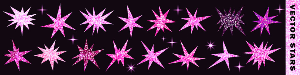 Fototapeta premium Pink glitter cut out stars collection. Irregular shining holographic star paper clippings set. Purple cute stickers for Pinkmas holiday collage and scrapbook, birthday party decoration. Vector