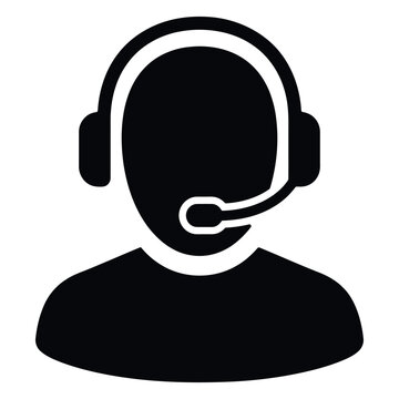 Modern minimalist customer support avatar icon. Black and white vector headset symbol. Call center agent silhouette and technical support graphic for website. Business service contact pictogram