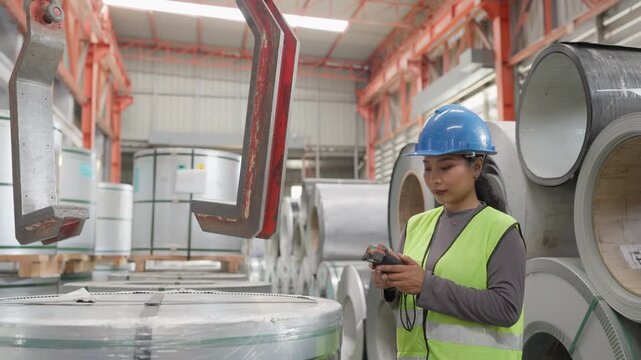 Asian female worker wearing blue hardhat holding crane pendant controller inside factory, professional woman operating overhead hoist industrial manufacturing plant