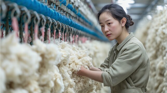 An employee of a textile factory checks the condition of the material among the rows of suspended wool. Modern production and processing of textile raw materials.