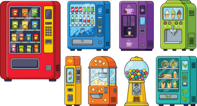 Vending Machine Vector Illustration Set Featuring Snacks Drinks Coffee Ice Cream Popcorn Fresh Sandwiches and Gumball Dispenser Flat Graphic Designs
