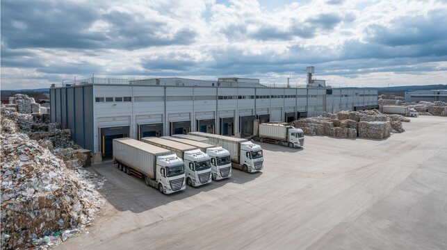 Industrial recycling facility with trucks and storage area. Large building with loading docks and waste materials prepared for processing.
