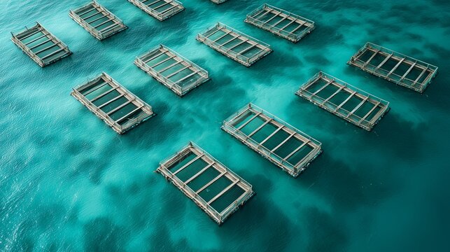 Top view of fish ponds in turquoise water and a small boat nearby. Control and maintenance of the marine farm.
