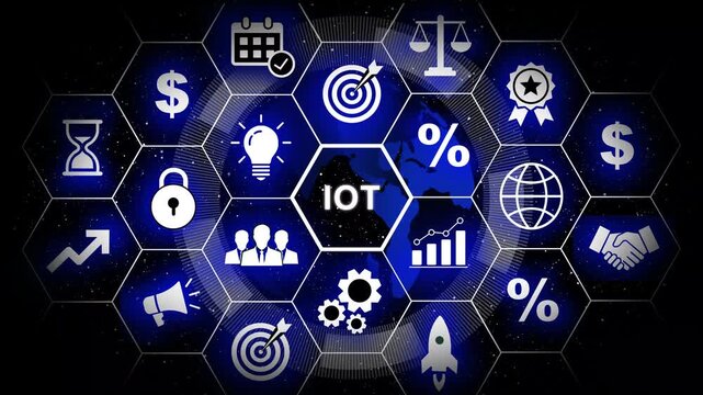 Advanced internet of iot digital network connectivity concept featuring interactive hexagonal hud interface with global business and data analytics visualization for modern corporate technology