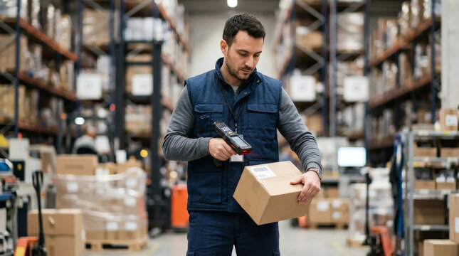 A focused warehouse worker is using a handheld scanner to check the details of a small cardboard box within a busy distribution center aisle.