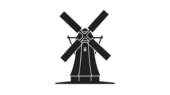 Vactors Black vintage windmill silhouette. Traditional tower architecture with rotating blades. Atmospheric monochrome illustration for rustic brand logo or eco energy concept. EPS