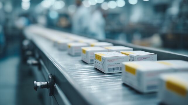 Medicine cartons on conveyor line. Pharmaceutical boxes moving through packaging line, automated production system inside manufacturing facility, labeled cartons aligned on belt.