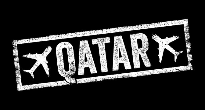 QATAR text concept representing travel, tourism, flight, destination, country, middle east, aviation, airport, transit, international arrival, departure, journey, national symbol, vacation, trip.