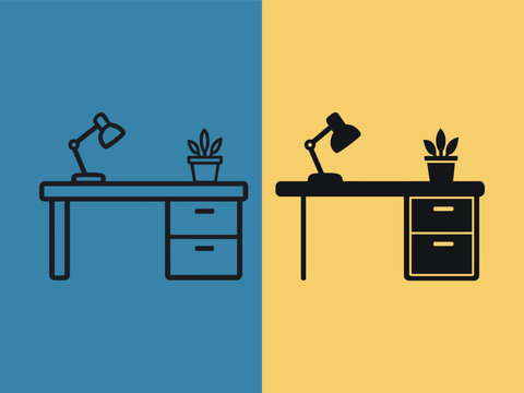 Minimalist split image showing desk with lamp and plant on two color backgrounds