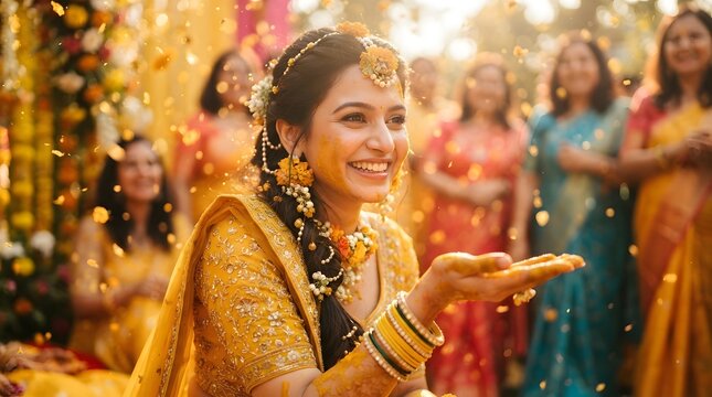 Beautiful indian bride with turmeric paste on her face smiling during a traditional haldi ceremony with flower petals falling