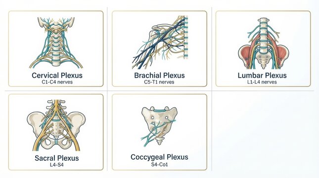 This shows the anatomy of peripheral nerves including cervical, brachial, lumbar, sacral, and coccygeal plexuses with labels for reference