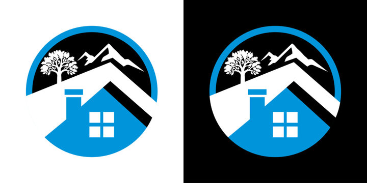 Real estate logo design with a house roof, tree, and mountains in a blue circular icon on black and white backgrounds