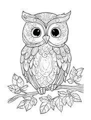 Fototapeta premium Owl On A Branch Coloring Page. Mandala animal art drawing