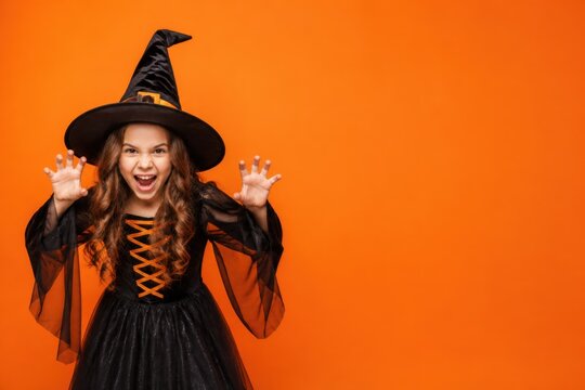Young girl in Halloween witch costume making spooky face on orange background with copy space
