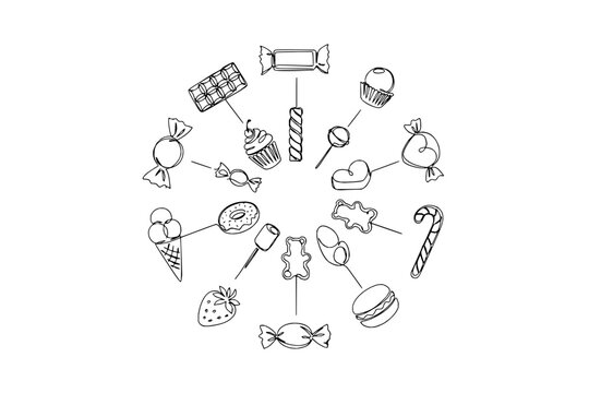 Hand drawn line art collection of sweet desserts and candies arranged in a circle