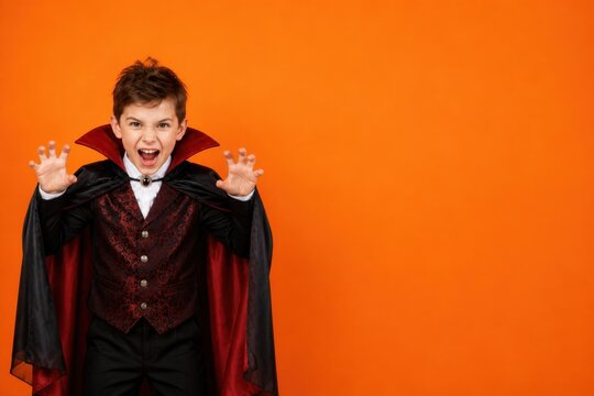 Young boy dressed as a vampire with cape and fangs ready to scare, Halloween orange background with copy space