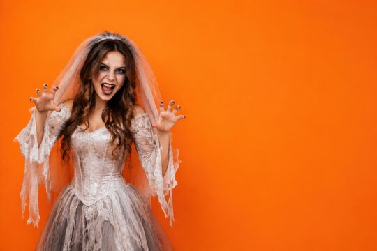 Scary bride in tattered wedding dress with spooky makeup and veil, Halloween orange background with copy space